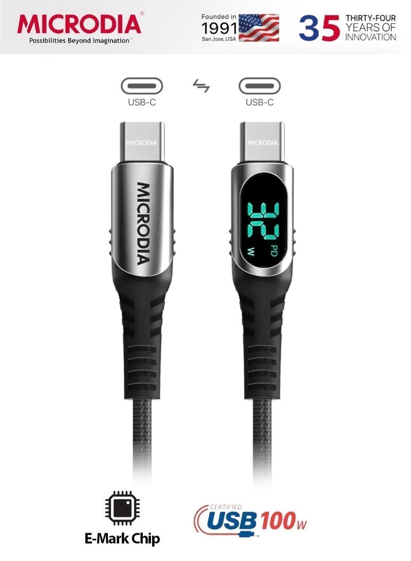 MICRODIA 【MICRODIA】 ExeCable 100W USB-C to USB-C Fast Charge Cable with Digital LCD Display, Kevlar Braided (1.3m / 2.6m) - Charcoal - Image 1